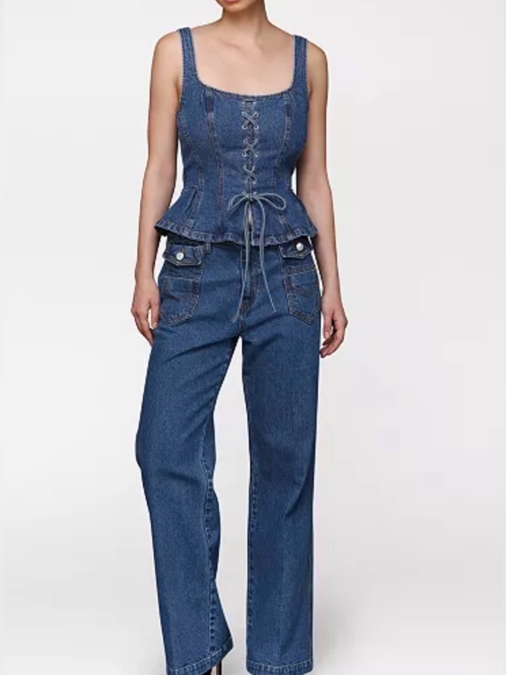 Avec Les Filles Denim Lace-Up Peplum Top - Denim Blue - Picture 7 of 8